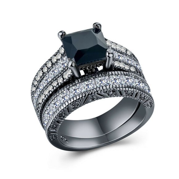 Jewelry - New 2pc Silver Black Gold Filled Sapphire Ring